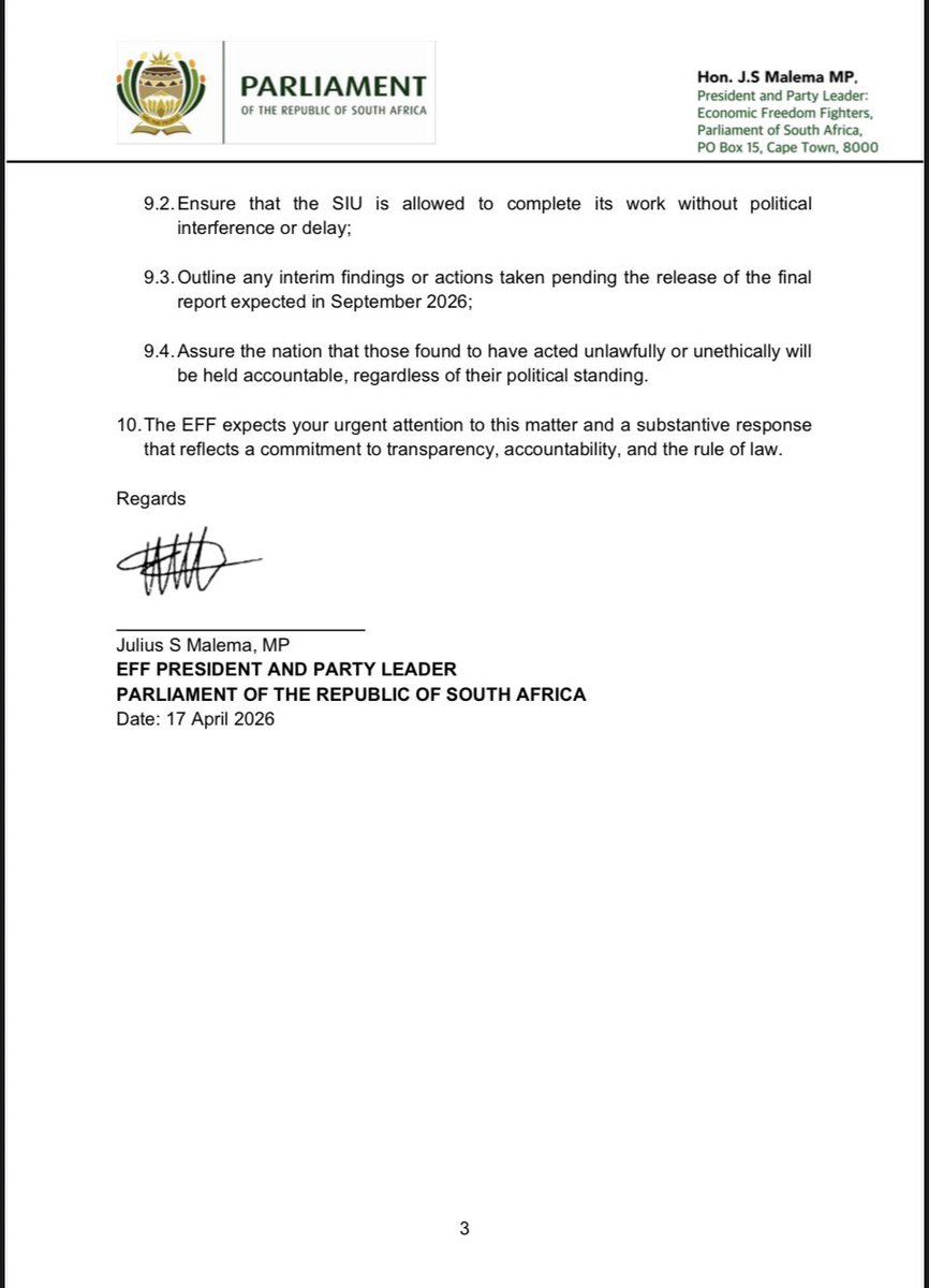♦️Must Read♦️

The EFF’s Letter to President Ramaphosa Requesting an Update on Investigations into Academic Fraud at the University of Fort Hare Involving Senior ANC Leaders