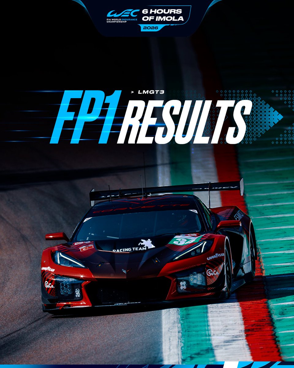 FIAWEC's tweet image. Corvette top the times in FP1 for LMGT3⚡️

@ceastwood28 puts in the fastest lap in #34 Racing Team Turkey by TF.

#WEC #6HImola #Corvette