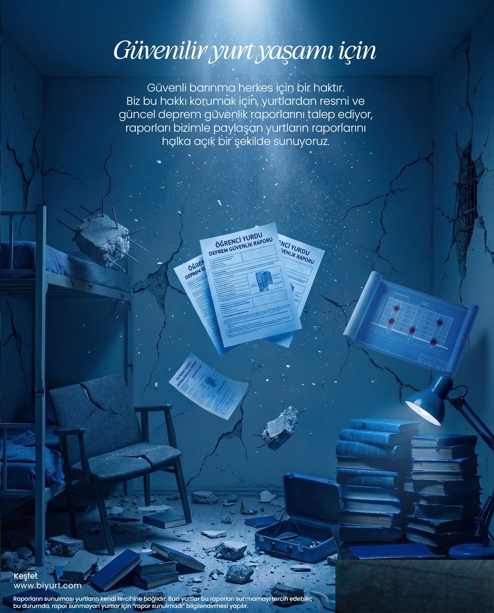 BiYurt's tweet image. Güvenli barınma herkes için bir haktır. 

Biz bu hakkı korumak için, yurtlardan resmi ve güncel deprem güvenlik raporlarını talep ediyor, raporları bizimle paylaşan yurtların raporlarını halka açık bir şekilde sunuyoruz. 

#deprem #yurt #öğrenciyurdu #kızyurdu #erkekyurdu