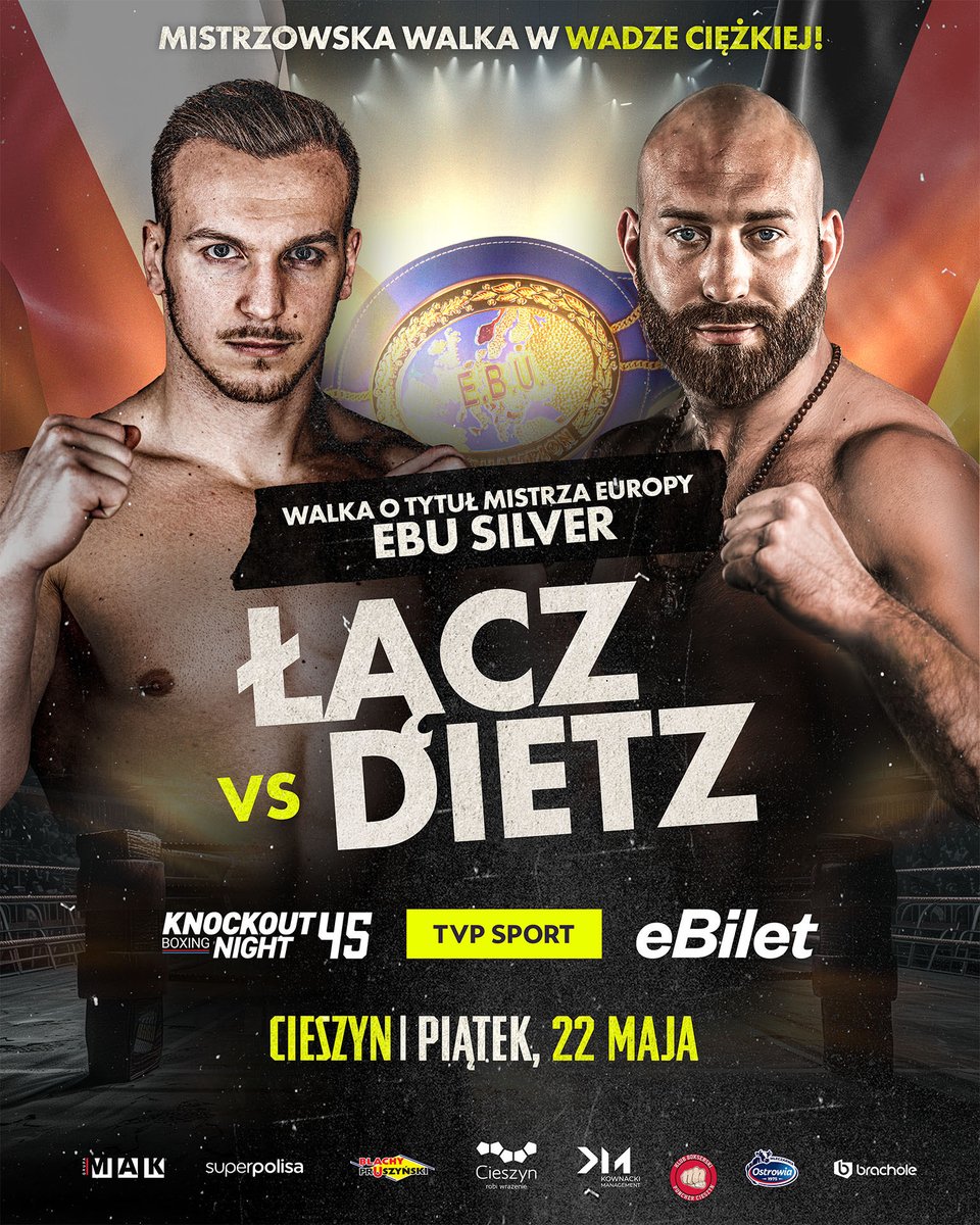 knockoutprm's tweet photo. KBN45 zawita do Cieszyna! Mistrzowska walka w wadze ciężkiej💥

Po raz pierwszy Łącz w main evencie, a stawką pojedynku będzie pas Mistrza Europy EBU Silver! Polak zmierzy się z 🇩🇪 Dietzem! 

Na karcie walk też Wołczecki oraz Bereżewski! 

🗓️ 22.05 
🎫 Bilety na @eBiletPL https://t.co/1TZLTDLEqU