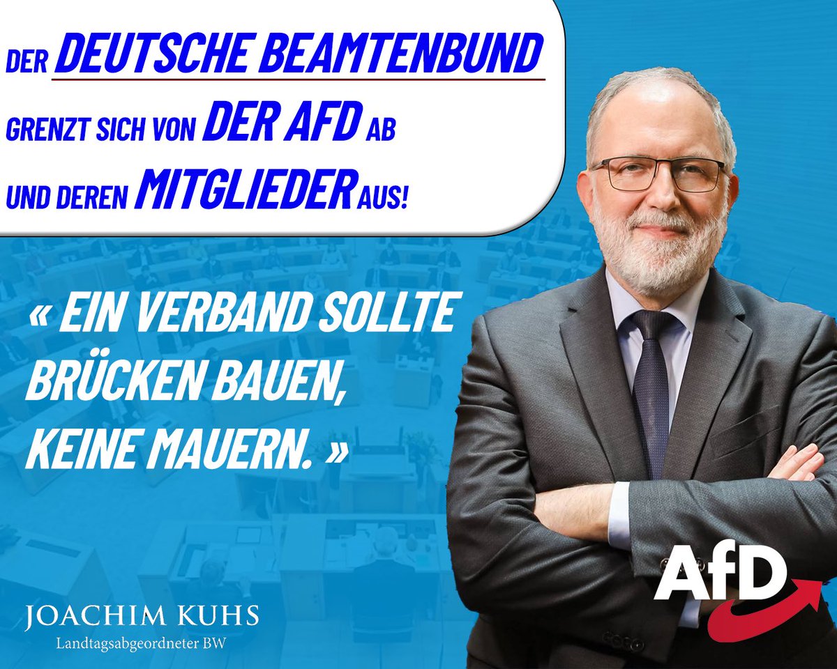 Joachim_Kuhs's tweet image. Der Deutsche Beamtenbund (DBB) unter Führung von Volker Geyer hat per Beschluss der Bundesleitung den Mitgliedsgewerkschaften eine beispiellose Ausgrenzungspolitik diktiert: Ein fragwürdiger Umgang mit unserer AfD! #DBB #Afd #Demokratie #Brandmauer