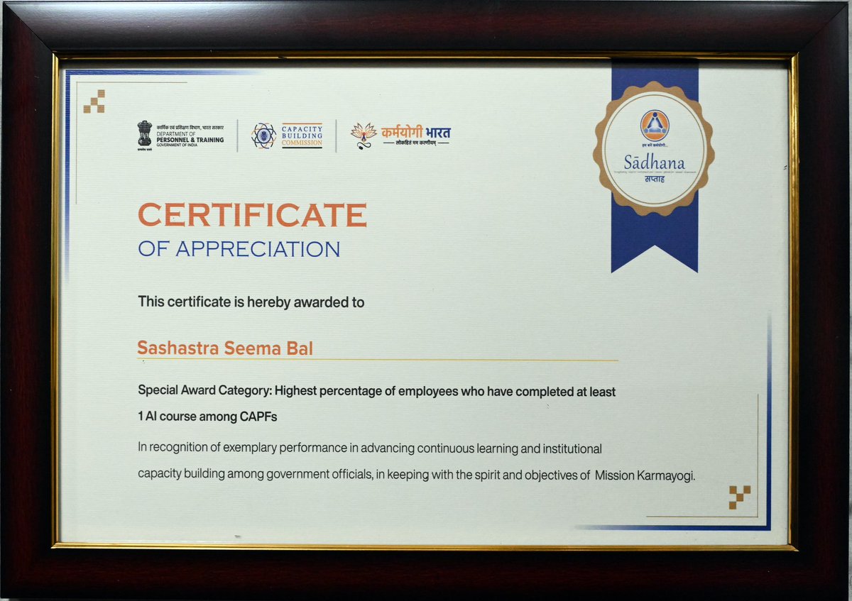 SSB_INDIA's tweet image. Sashastra Seema Bal (#SSB) was felicitated by Hon’ble MoS (PP) Dr. Jitendra Singh for its exceptional performance during SADHANA Saptah 2026 and for securing the highest percentage of employees who have completed at least 1 AI course on the #iGOTKarmayogi platform among #CAPFs.