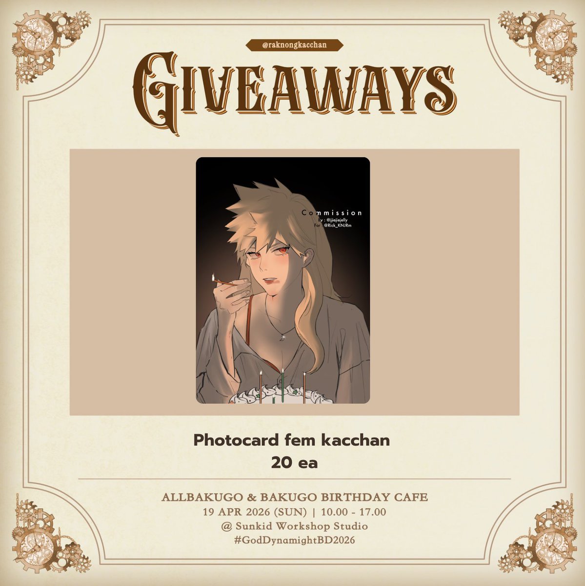 Giveaway 💥

Photocard Fem! kacchan 
🎀 20ea

📍 sunkid workshop studio
📆 19.04.2026 / 12:00 ~

 #GodDynamightBD2026