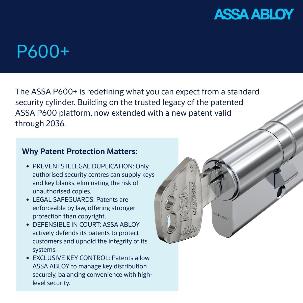 ASSAABLOYOpenUK's tweet image. The P600+ is engineered for long-term security with patented protection preventing unauthorized key duplication. Security you need exactly when you need it.

Learn more: okt.to/kasVRr

#ASSAABLOY #SecuritySolutions #KeyControl #PatentedTechnology