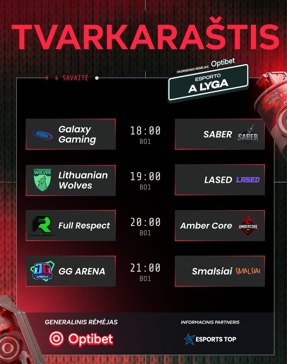 esportolyga's tweet image. 🟢 Rytoj nuo 18:00 val. stebėkite ketvirtos savaitės „A Lygos“ kovas!

18:00 @GalaxyGamingGG 𝘷𝘴 #SABER
19:00 @LithuanianWLVS 𝘷𝘴 #LASED
20:00 #FullRespect 𝘷𝘴 #AmberCore
21:00 @GGArenaesports 𝘷𝘴 #Smalsiai

🎥 Tiesiogiai mūsų Twitch kanale: twitch.tv/esportolyga