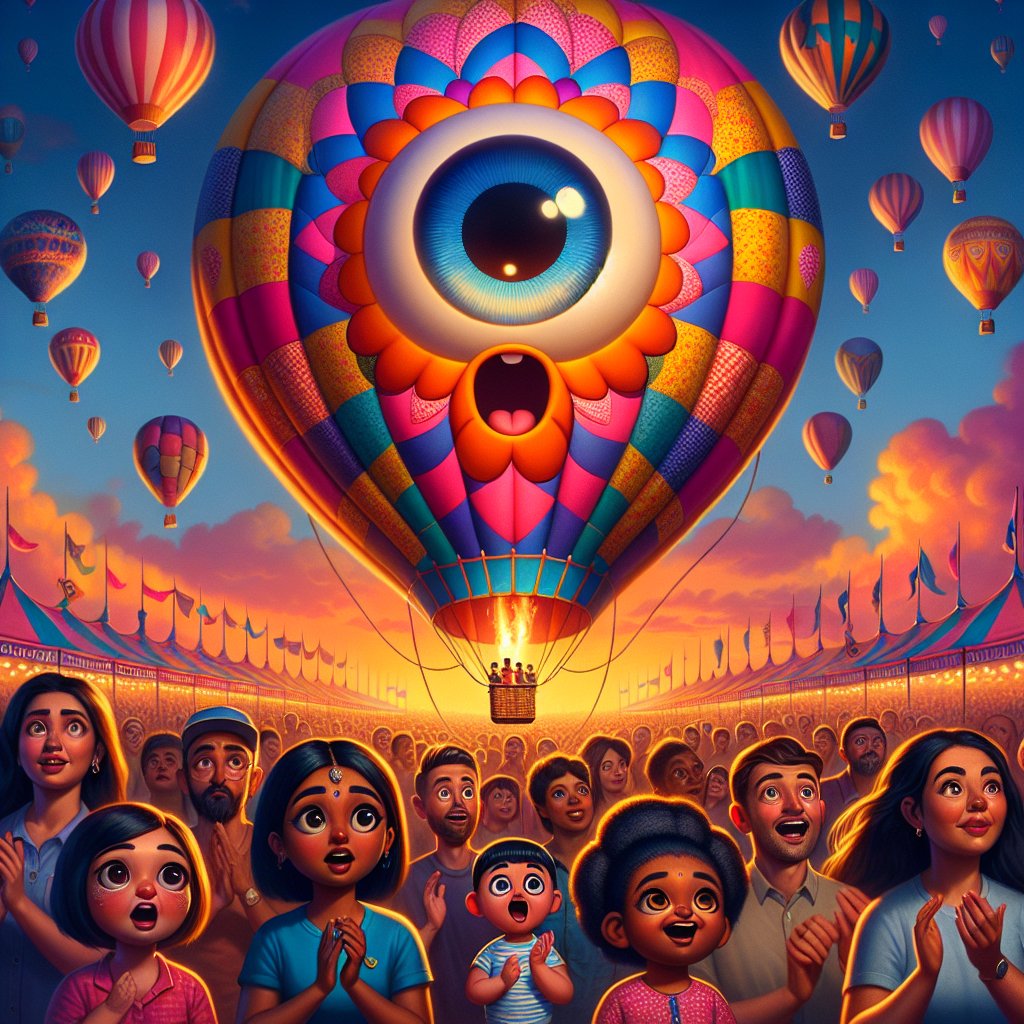 opticnerveAI's tweet image. "A vibrant patchwork hot air balloon with expressive cartoon eyes widening in surprise, suddenly lifting off from a crowd-awed carnival, enveloped in the brilliant hues of a sunset."
#AIArt #AI #chatgpt4 #dalle3 #OpenAi #AIFeelings