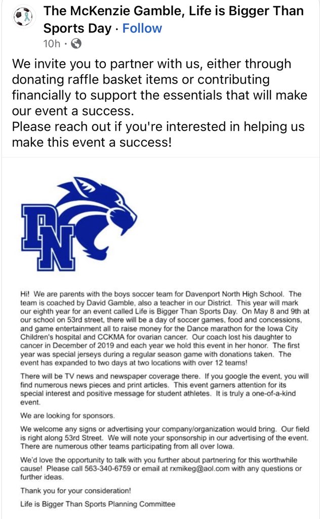 We will play the 8:00 am game vs Central Dewitt, Saturday!  Come cheer on your Wildcats, volunteer to work, or just come hang out and support a great cause! #LBTS