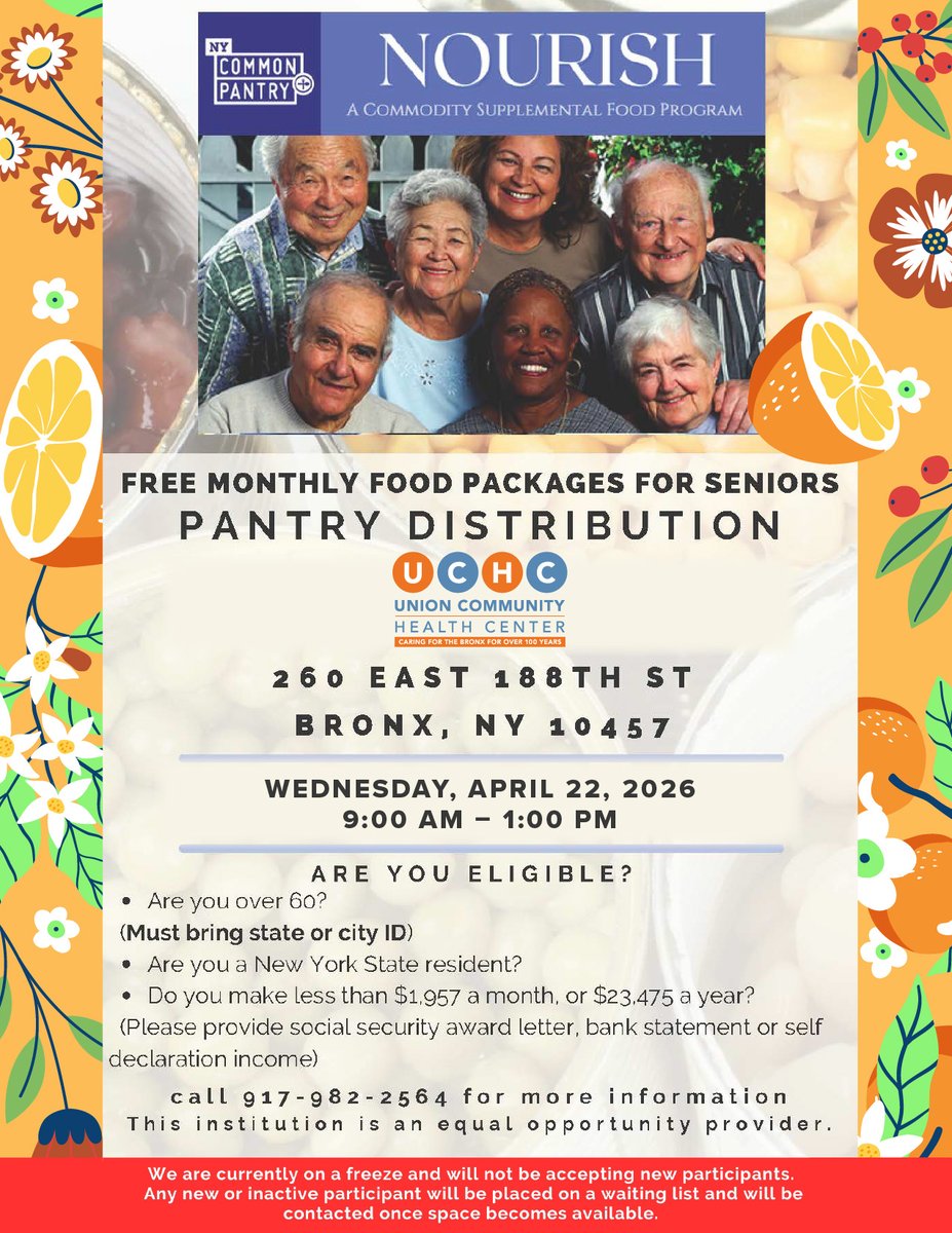 UCHC_Bronx's tweet image. Members of the UCHC &amp;amp; #NYCommonPantry #NOURISH program, please join us for the pantry distribution!

For more info on UCHC ☎️718-220-2020. For more info on the New York Common Pantry ☎️ 917-982-2562. **Please bring a valid non-expired photo ID