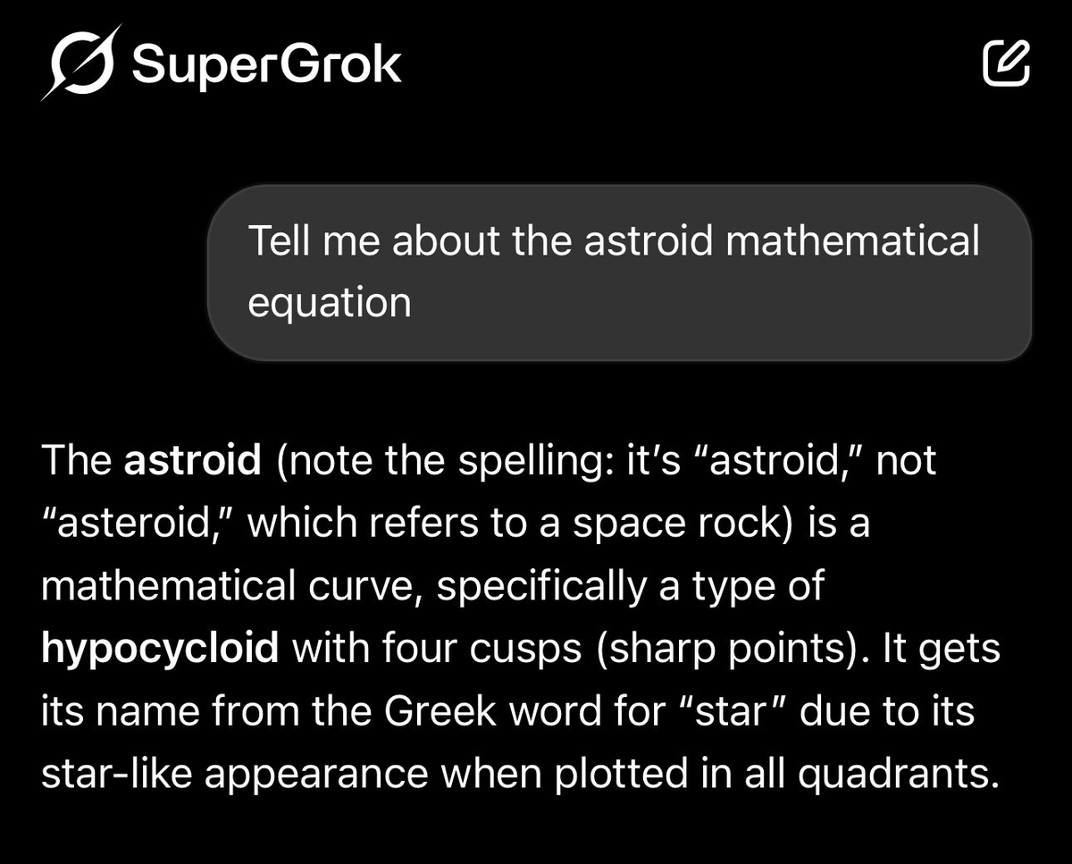 Crypt0Fl4k's tweet photo. Which do you think is more likely? 

Liv who adored mathematics and space:

1) Named the Shiba after the "Astroid" mathematical equation that when plotted, forms a star shape with 4 sharp points and originates from a greek word meaning 'star' which also coincides with the logo of @PolarisProgram 

or 

2) Named it after some random space rock with no other back story of meaning behind it (asteroid)?

The more you look into it, the more you realise there was never a spelling mistake.

The name Liv chose always had a deeper meaning and connection to the two things she loved the most @elonmusk & Space.

$Astroid