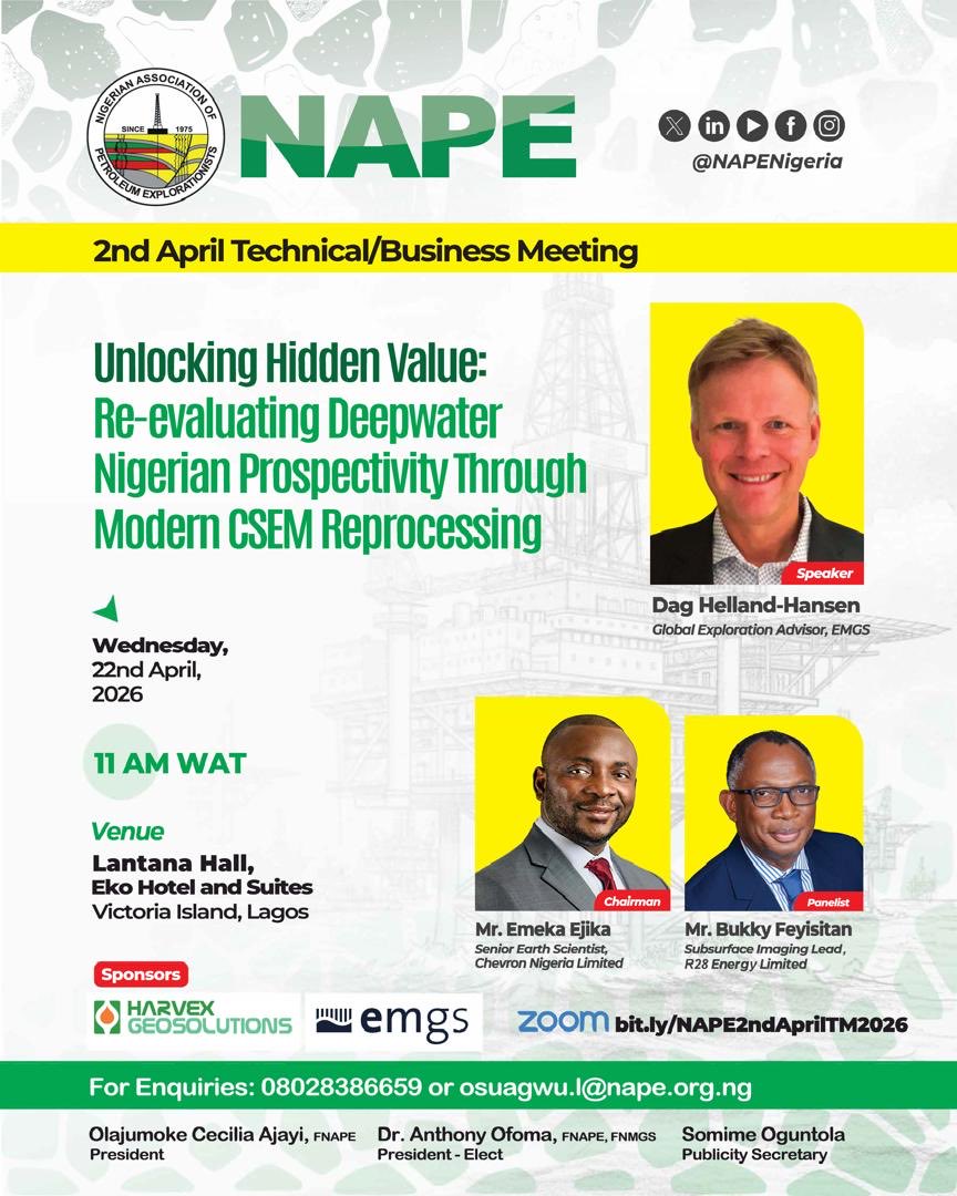 NAPENigeria's tweet image. Deepwater focus this April 🔍

Join us as we explore “Unlocking Hidden Value: Re-evaluating Deepwater Nigerian Prospectivity Through Modern CSEM Reprocessing.”

📅 Apr 22 | ⏰ 11 AM WAT
📍 Eko Hotel, VI | 💻 Zoom: bit.ly/NAPE2ndAprilTM…

#weareNAPE #Deepwater #Exploration