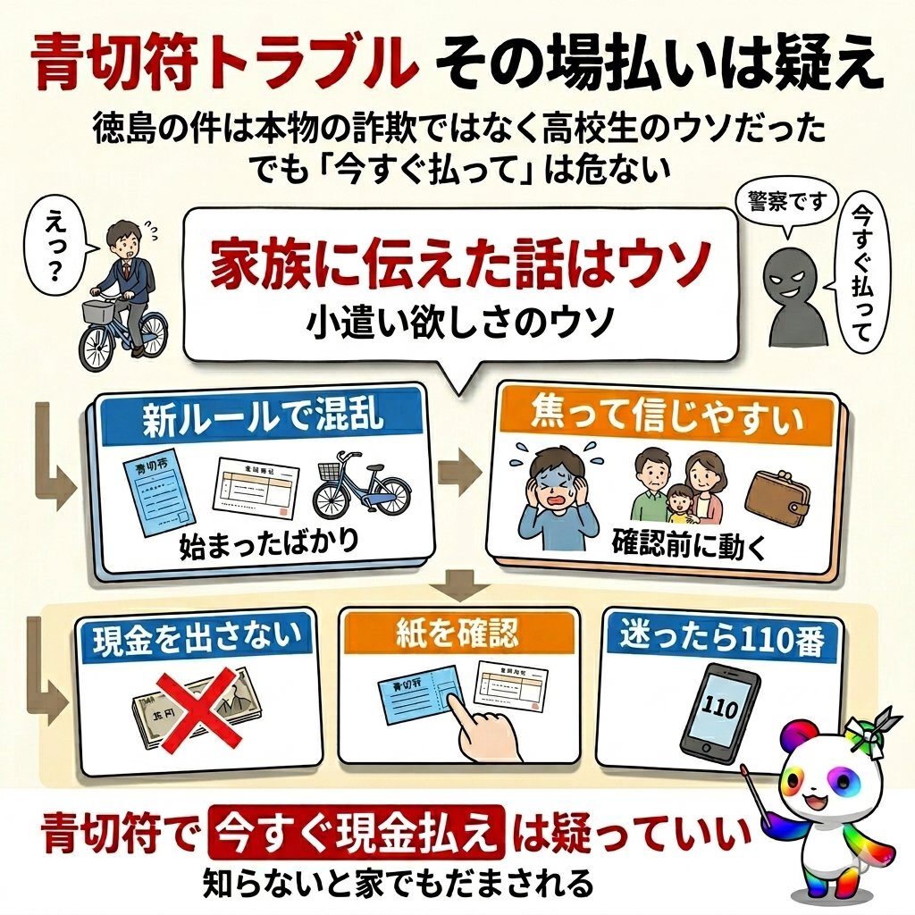 青切符の話、怖いのは詐欺だけじゃない。

今回の徳島の件は高校生のウソだった。
でも逆に分かったのは、
制度を知らないと家でもお金は動くってこと。

「警察です」
「今すぐ払って」
で、その場で現金を出すのは危ない。

青切符なら
その場で払わない。
まず紙を見る。
変だと思ったら110番。
