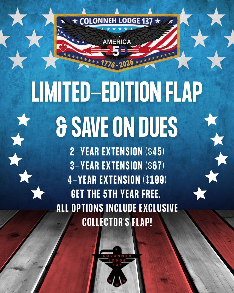 oashac's tweet photo. Pay your dues with a wide variety of options ranging between 2-4 years of OA coverage + get a NEW exclusive Flap that you can add to your collection!
Sign up now at-
https://t.co/CtI3wZAshr
#Colonneh #Lodge137 #SHAC #NewDues #SHAC #SamHoustonAreaCouncil #OA #OrderoftheArrow https://t.co/EjEZwiJ3CU