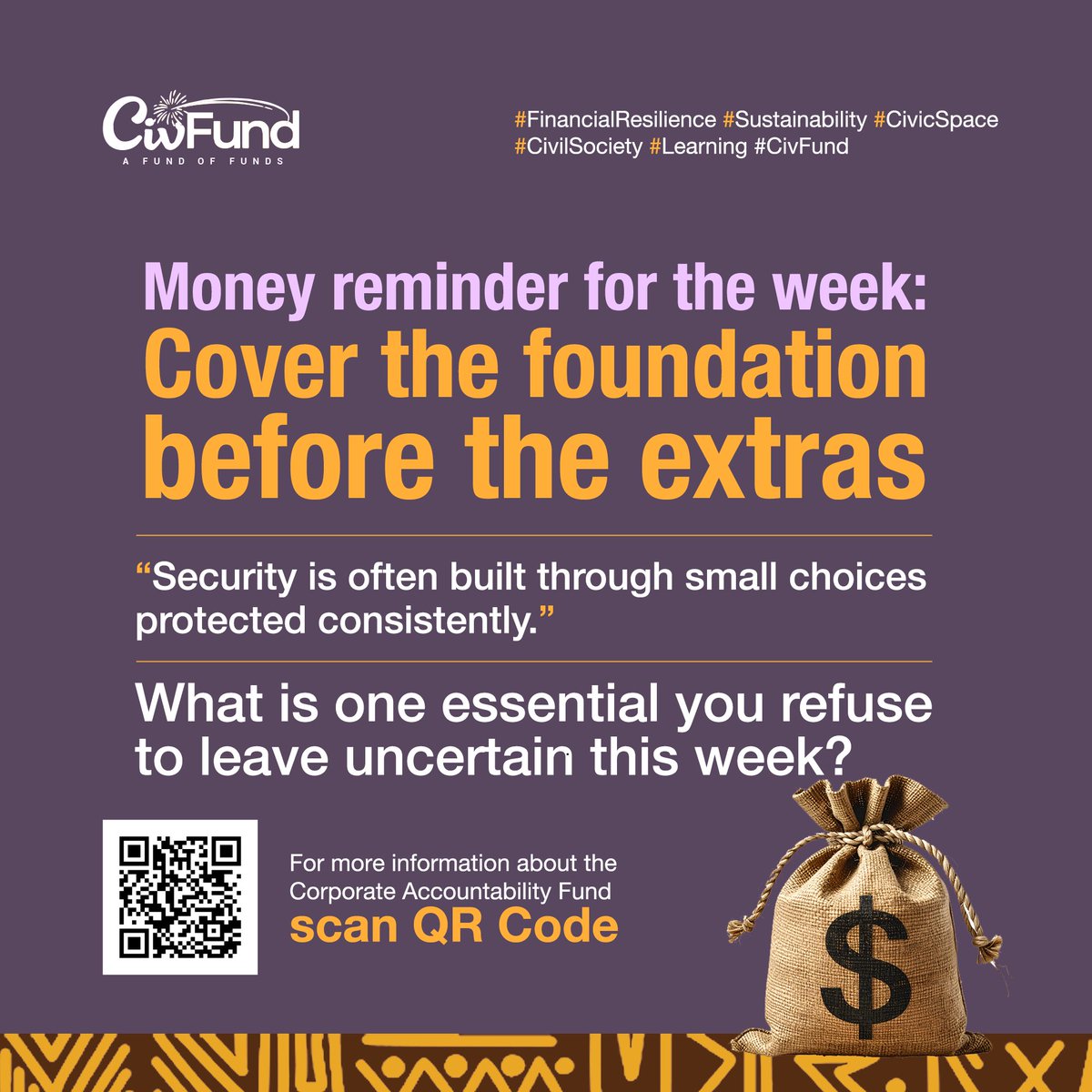 CivFund_'s tweet image. ☑️Money reminder for the week: secure the basics first.

“Security is often built through small choices protected consistently.”

Cover the essentials before the extras. That is how stability grows and pressure eases.

ℹ️Learn more: civsourceafrica.com/resilience-fund

#FinancialResilience
