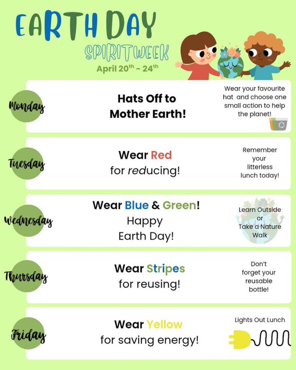 StClareDP's tweet image. 🌍✨ EARTH WEEK SPIRIT WEEK IS April 20–24 💙🌎💚 Get ready to show up, stand out, and rep the planet all week long 🌱♻️ Themes. Vibes. Action. 🌎Let’s go green and make it count.
#EarthWeek #SpiritWeek #GoGreen #EcoVibes @DP_EcoSchools @EcoSchoolsCAN