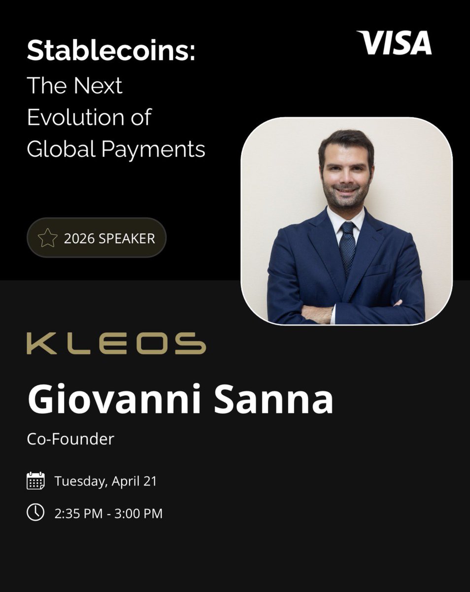 Kleos_app's tweet image. Giovanni Sanna, Co-Founder of Kleos, will speak at the @Visa panel:

“Stablecoins: The Next Evolution of Global Payments”

April 21, in London, discussing how stablecoins are reshaping global payments.

📍 See you there

#Kleos #Visa #Stablecoins #Fintech