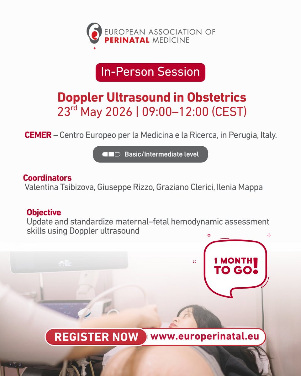 EUperinatal's tweet photo. In one month, leading experts will unite on 23 May in-person to share knowledge and advance participant's skills in maternal–fetal hemodynamic using Doppler ultrasound.

Register for in-person session✅: https://t.co/MRQO5dMQRo
Register for Online Part✅: https://t.co/Wy2QOi5i4N https://t.co/Htv7wijm3L