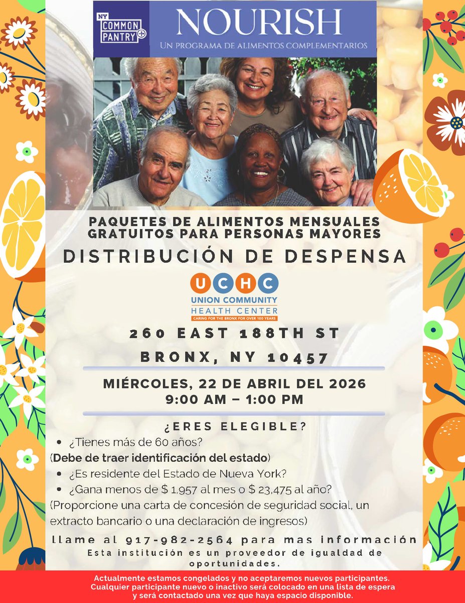 UCHC_Bronx's tweet image. ¡Miembros del programa #NOURISH de #NYCommonPantry de UCHC, por favor únanse a nosotros para la distribución de la despensa!

Para más info de UCHC, llame ☎️ 718-220-2020. Para obtener más información sobre New York Common Pantry, llame al ☎️ 917-982-2562 ** Traiga un ID con foto