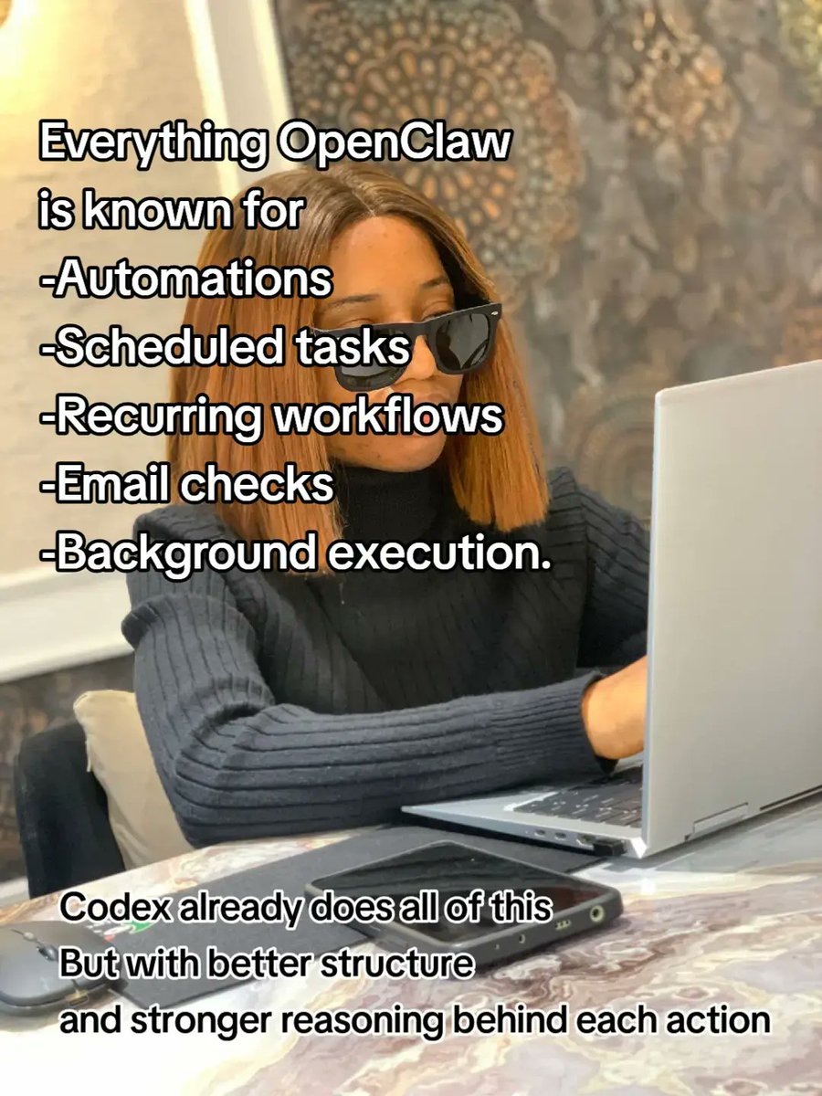 TechWithAbbie's tweet photo. Codex now does everything OpenClaw does.
But with a stronger reasoning and better execution.

#techwithabbie
#codinglife
#girlsintech https://t.co/v3nyZHuw6b