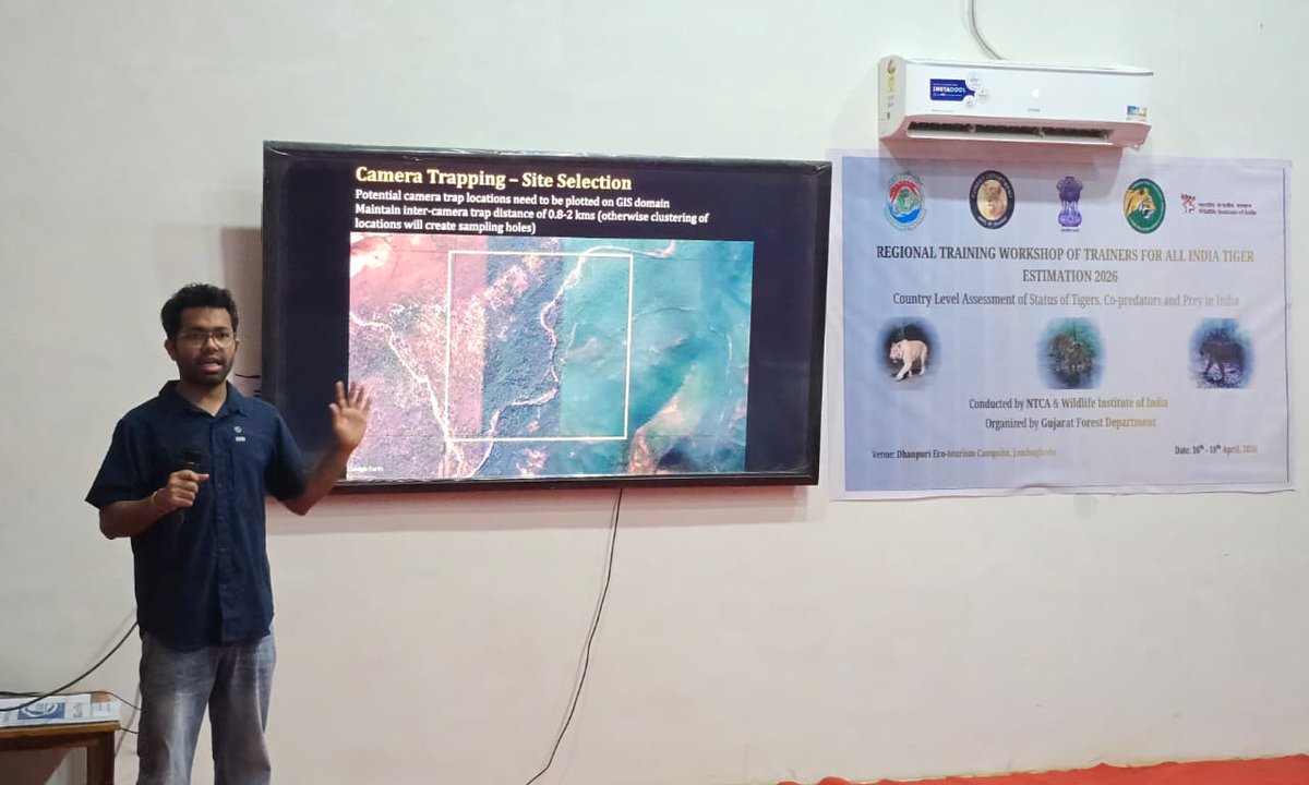wii_india's tweet photo. Kicking off Day 2, Session 2 at #AITE2026  
Jayanta Kumar Bora, Tiger Cell presented the talked  on Phase 3 Protocol for Camera Trapping Sampling 
Critical insights for tiger monitoring ahead.
@moefcc @ntca_india @wii_india @MSTrIPES
@GujForestDept @dcffbaria @Gobindsagarbha1 @wildwithwolves @V_kolipakam @jkborah