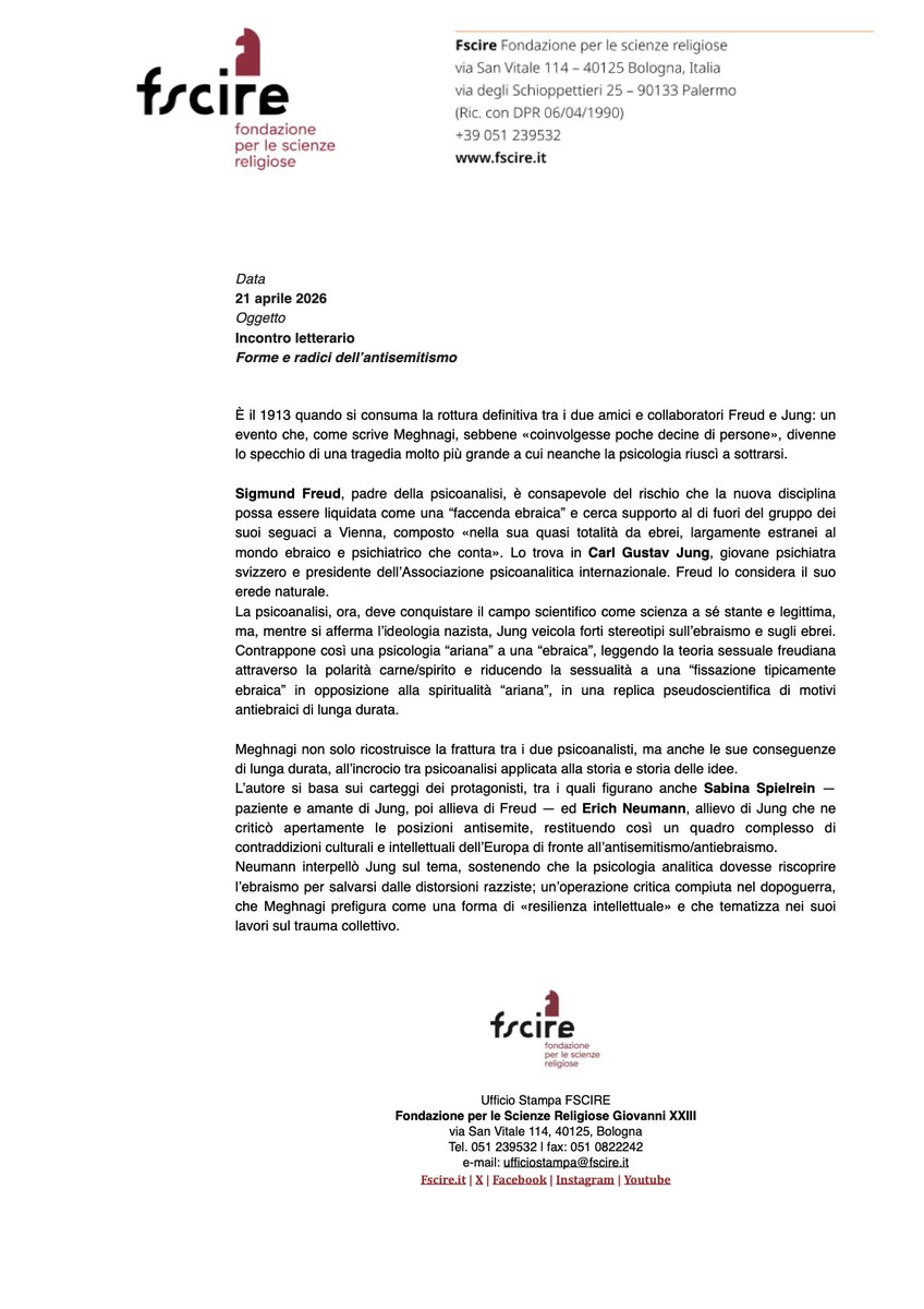 fscireIT's tweet photo. Nel 1913 si consuma la rottura tra gli amici e colleghi Freud e Jung. Il nuovo volume di Meghnagi ricostruisce la vicenda  attraverso i carteggi dei protagonisti
🗣️Con lui ne discutono il Card. Zuppi e Mons. Fumagalli
📅21/04 | ore 16.30 | S. Vitale 114
👉 https://t.co/J6GFTto9Yd https://t.co/xvqSVzNrgR