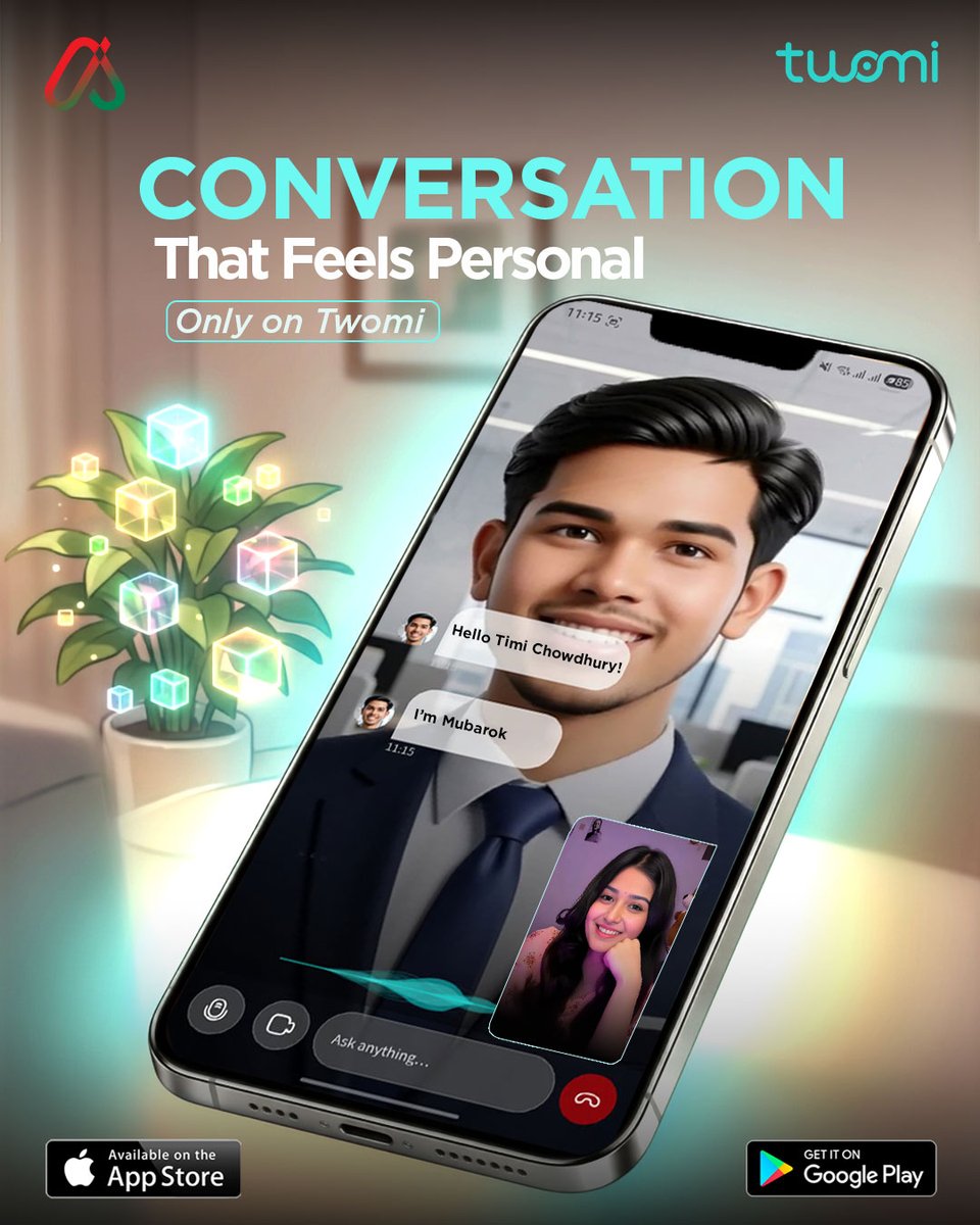 aiavatarbdltd's tweet image. Welcome to the next level of communication.
Twomi blends technology and emotion to create conversations that are smooth, engaging, and truly personal. This is how chatting should feel. 

#Twomi #NextGenAI #TechTrends #SmartConversations #FutureTech #AIRevolution