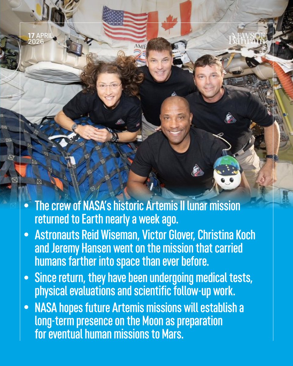 newsofbahrain's tweet image. Nearly a week after splashing down in the Pacific Ocean, the Artemis II astronauts say the historic mission still hasn’t fully sunk in. After becoming the first crewed team to travel around the Moon since 1972, the four astronauts are now adjusting back to life on Earth.