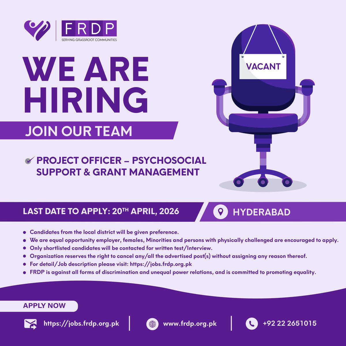 frdpPakistan's tweet photo. 🚨 We’re Hiring!
FRDP seeks a Project Officer – Psychosocial Support &amp; Grant Management 📍Hyderabad
⏳ Apply by 20 Apr 2026
Make real impact in communities ❤️
👉 https://t.co/T8Q035FkNb

#WeAreHiring #NGOJobs #HyderabadJobs #SocialImpact #FRDP https://t.co/aIsVEpNUyy