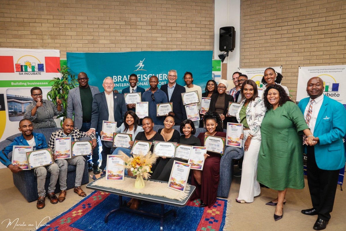 bramfischerint's tweet photo. Airports Company South Africa (ACSA), in partnership with South African Business Incubate (SABI), celebrated the graduation of the AREAHANENG Entrepreneur Programme at Bram Fischer International Airport. 

This socio-economic initiative equips entrepreneurs from surrounding communities with the skills and support to build sustainable businesses.

A total of 16 entrepreneurs successfully completed the programme, transitioning from informal operations to structured, growth-ready enterprises.

#ACSA #SocioEconomicDevelopment #Entrepreneurship