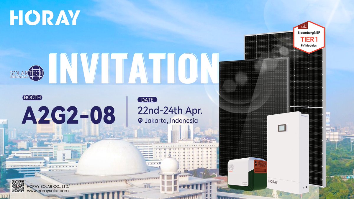 HoraySolar's tweet image. 🏛️ #SOLARTECH Indonesia 2026 | Jakarta
📅 22–24 Apr | 📌 Booth A2G2-08
#HoraySolar PV &amp;amp; storage for SE Asia:
☀️ 600W module (hot &amp;amp; humid climate)
☀️ 100W module (off-grid use)
🔋 PowerGo 2.2kW/3.6kWh
🔋 NeoHome 15kWh
See you in Jakarta.
#SolarEnergy #EnergyStorage #Indonesia