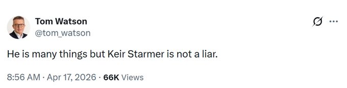 Tom, we literally watched Keir Starmer pretend to support Jeremy Corbyn's politics for the entire 3 months of the Labour leadership election in 2020.

He made 10 pledges he instantly broke.