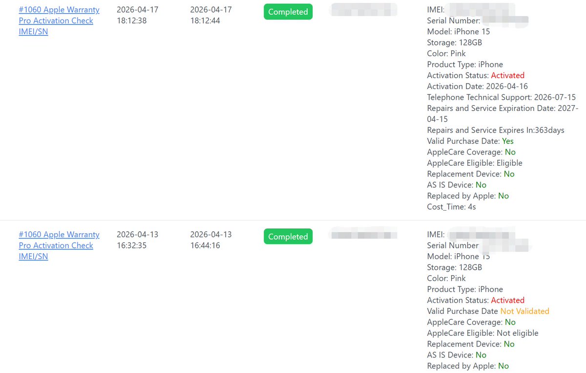 ⚠️⚠️⚠️ Apple Warranty Pro Activation Check IMEI/SN 2026.4.17

We have confirmed with Apple that for devices displaying "Not valid" activation dates, the system will automatically update the information within 5 working days after activation.

unlock.imeischeck.com/main/submit-or…