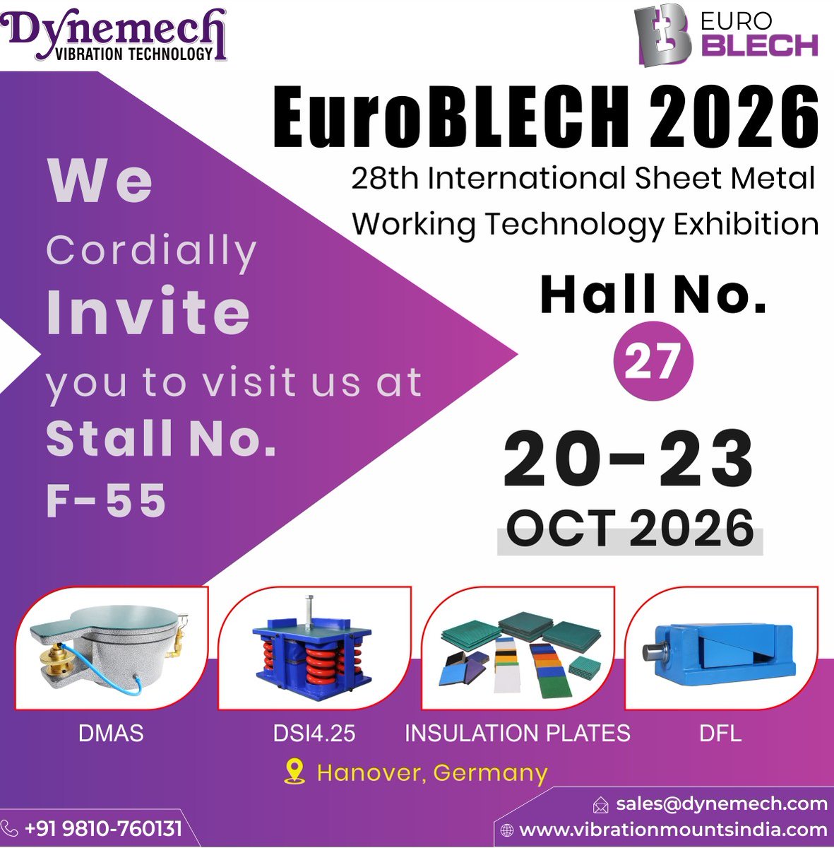 dynemech's tweet photo. 𝗗𝘆𝗻𝗲𝗺𝗲𝗰𝗵 𝗮𝘁 𝗘𝘂𝗿𝗼𝗕𝗟𝗘𝗖𝗛 𝟮𝟬𝟮𝟲

#AntiVibration, #Dynemech, #AntiVibrationMounts, #AntiVibrationPads, #VibrationControl, #EuroBLECH2026, #EngineeringPrecision, #IndustrialInnovation, #MachineStability, #MadeForIndustry

📞 +91 9810760131

✉️ sales@dynemech.com https://t.co/Psz6qBCpSL