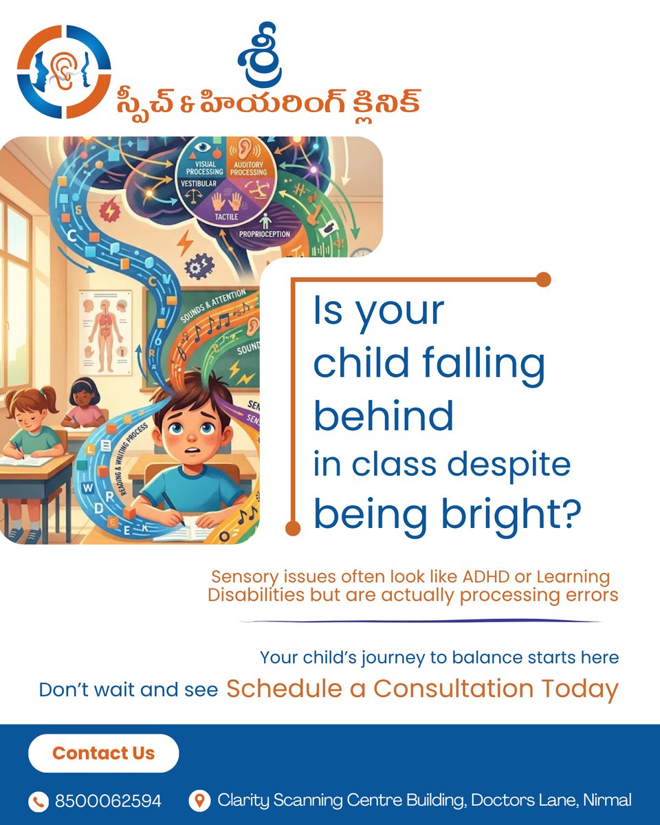 srispeechnirmal's tweet image. Is your child bright but falling behind? 🧠

It may not be ADHD—it could be sensory processing issues.

Early support can change everything.

📍 Sri Speech &amp;amp; Hearing Clinic, Nirmal
📞 8500062594
#ChildDevelopment #SensoryProcessing