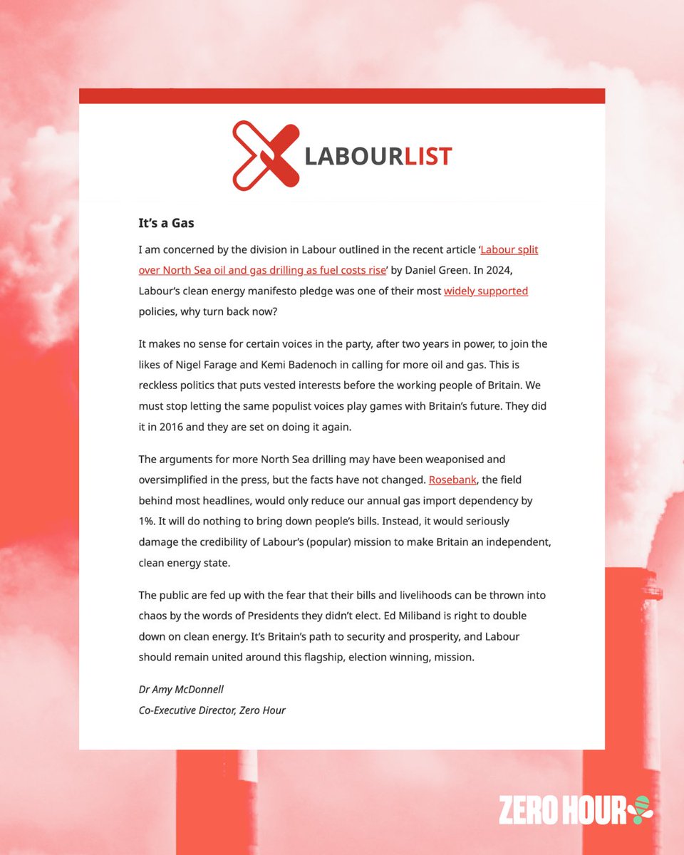🛢️ <a href="/RachelReevesMP/">Rachel Reeves</a> may be keen to ‘exploit’ the North Sea, but are her voters?

⚡ Labour were elected on a promise of a clean energy revolution—turning back now is a betrayal of not just the public, but Britain’s future.

🔗 Read more here: labourlist.org/2026/04/letter…