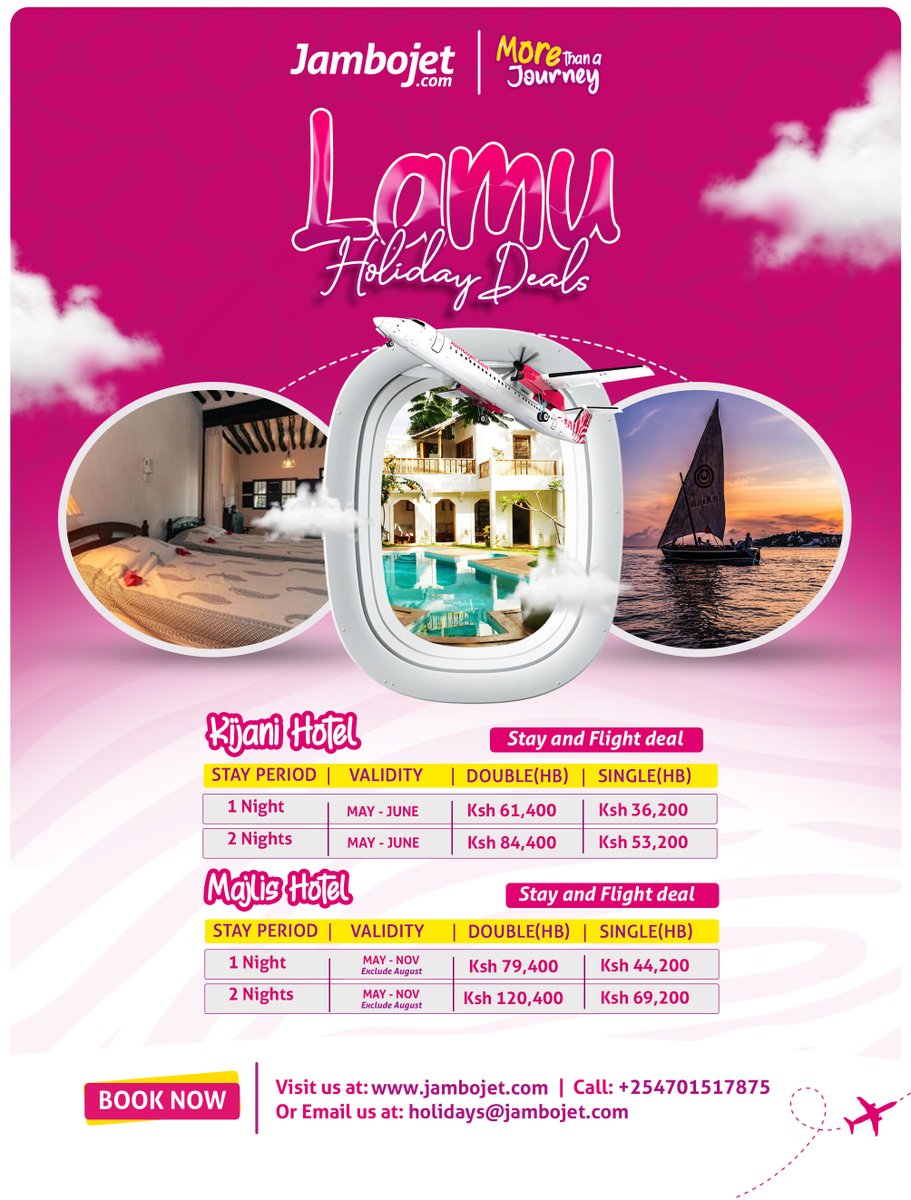 Some journeys slow you down in the best way. 🌊
Experience #MoreThanAJourney in Lamu this April from KES 9,600 one way or plan ahead with our holiday packages from May.

Limited seats available. Secure your escape today.
Book Now at jambojet.com