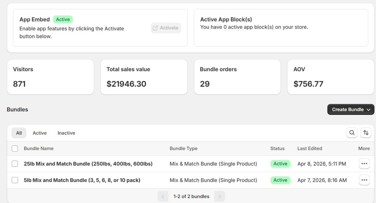 pushbundle's tweet image. Turn bundles into real revenue 📈

871 visitors → $21,946.30 in bundle sales 💰
AOV boosted to $756.77 🚀
Let customers mix &amp;amp; match what they want—and watch your sales grow automatically.

More value per order. More profit per store.

#ecommerce #shopify #bundles #growth