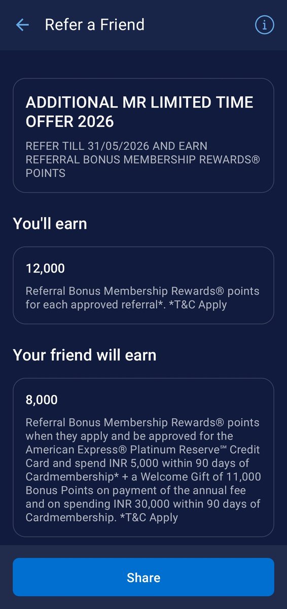 SwipeTheory's tweet image. 🚨AMEX Referral Bonus🚨

Amex limited time referral bonus offer is here!!

This is the best time to apply for an Amex card if you're considering it

Even the MRCC/SmartEarn downgrade links are working for some users✅

Try your luck now👇
americanexpress.com/en-in/referral…

#ccgeek #ccgeeks