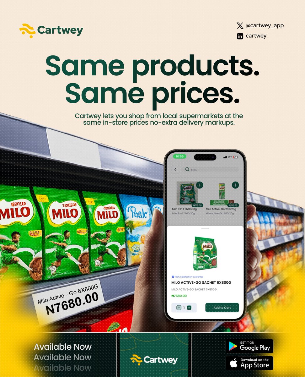You don’t need to leave your house to get market prices.

At Cartwey, what you see in-store is exactly what you get on the app, no markups, no surprises. Just real prices, real convenience.

Because shopping should be easy, not expensive.💚