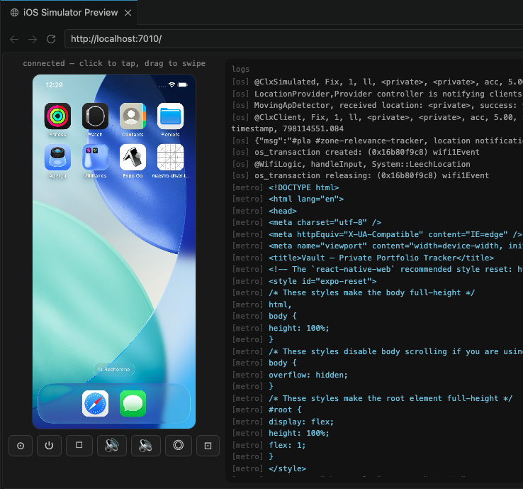 PaulOctoBot's tweet photo. I turned the iOS Simulator into a webpage so Claude's browser tools work on it out of the box.

Live canvas, real input, streamed logs, full a11y tree. ~500 lines of glue code https://t.co/hInCRit9FH