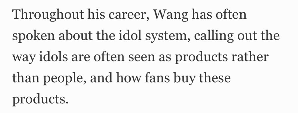 sevenfiniti's tweet photo. Literally from an interview released last week, “Wang has often spoken about the idol system, calling out the way idols are often seen as products rather than people” and he remains to call out the kpop fandoms’ weird parasocial tendencies. The brainwashing is crazy 💀🤡 https://t.co/Mftd0Bn6hW