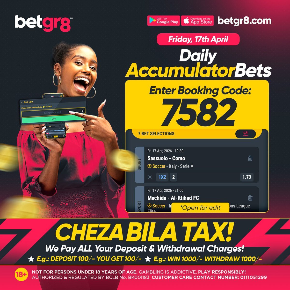 betgr8ke's tweet image. 🚨 Friday’s Booking Code is 𝐋𝐈𝐕𝐄!
Your slip is set and ready, just load and play!
🔓 Code: 𝟕𝟓𝟖𝟐
👉 betgr8.com/ke/retrieve-bo…

Review, tweak, and stake smart!
Enjoy CHEZA BILA TAX! 

Good luck! 🍀

18+ | #Betgr8 #BookingCode #TaxFreeBetting #BoostedOdds