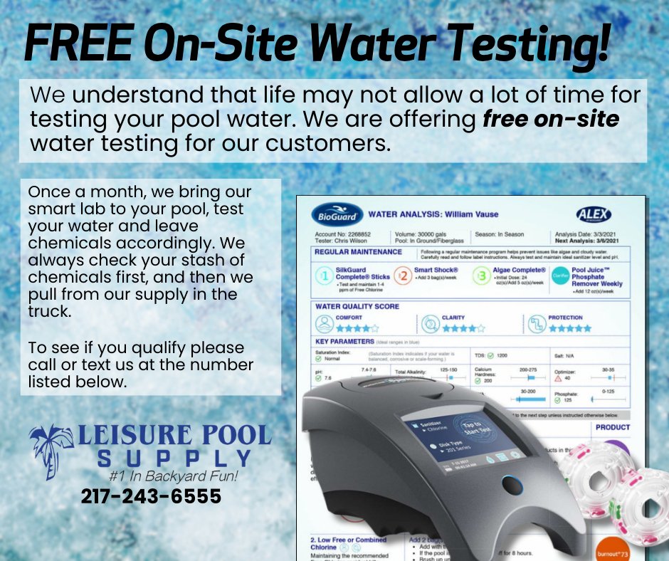 LeisurePoolJax's tweet photo. Did you know we offer free on-site water testing? 💧 It's a great way to ensure your water is safe and clean! Let us help you out! #BioGuard #WaterQuality #FreeService https://t.co/zbmJI3coMN