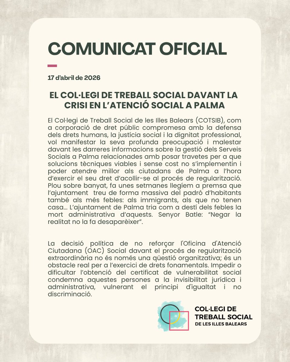 COTSIB's tweet photo. El Col·legi de #TreballSocial de les Illes Balears posa de manifest i denuncia la greu situació en la gestió dels Serveis Socials a Palma, especialment en el context de l’actual regularització extraordinària.

Els Serveis Socials són una peça clau per garantir drets. https://t.co/5WXJ63AX5t