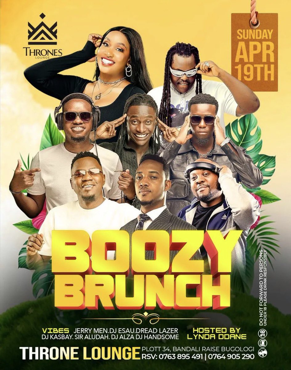 MushroomInc's tweet photo. Get ready for #BoozyBrunch this Sunday at @throneskampala
Hosted by @lynda_ddane.
Beats by @DjAludah, @djKasBaby, @deejayhandsome_, @Jerrymehn, @dreadlazerdj, @deejay_alza, & @Esau590.
Brunch, beats, and the right kind of buzz. Donβt miss it. https://t.co/YGmfUMniqU
