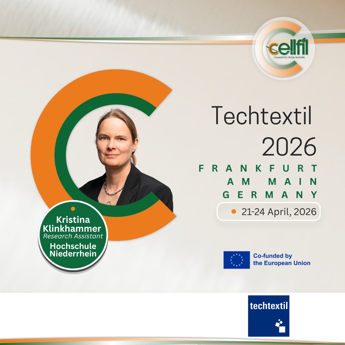 CELLFIL_EU's tweet photo. 📍We’re pleased to introduce Kristina Klinkhammer from Hochschule Niederrhein, who will be representing CELLFIL at @ttx_tp in April (21-24) 2026 in Germany!

Kristina is a research assistant at Hochschule Niederrhein, working on functionalisation and dyeing of textiles, with a strong interest in sustainability and recycling of natural fibres. She is also actively involved in the research management of the Research Institute for Textile and Clothing at Hochschule Niederrhein. Within CELLFIL, she is developing dyeing processes for Lyocell filaments. At Techtextil, Kristina will be present at the booth where CELLFIL textile samples will be showcased, offering insights into how research translates into real material innovation.

🦺Techtextil is the leading international trade fair for technical textiles and nonwovens, bringing together industry, research, and innovation across advanced textile applications.

Visit the booth to discover how CELLFIL is advancing sustainable, bio‑based textiles from lab to application.
#Sustainability #BioBasedMaterials