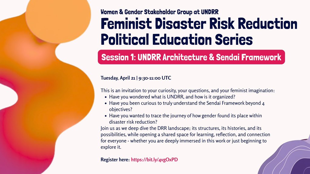 with_her52778's tweet photo. The session on the UNDRR Architecture &amp; Sendai Framework, first session of the Feminist Disaster Risk Reduction Political Education Series, will be next week on 🗓️April 21 from ⏱️ 9:30-11:00 UTC / 16:30-18:00 Bangkok / 19:30-21:00 Australia / 12:30-14:00 EAT / 11:30-13:00 CEST. https://t.co/3s87GkLlsD
