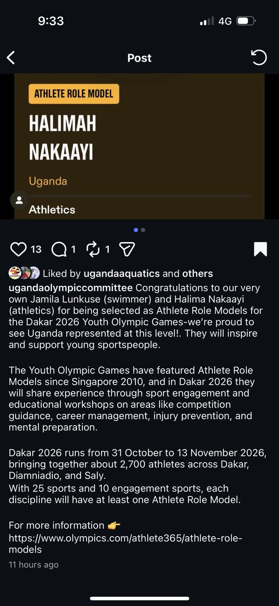 NakaayiH's tweet photo. I’m overwhelmed with gratitude for the wonderful opportunity to be one of the Athletes’ Role Models for the Incoming Youth Olympic Games in Dakar .Alhamdullah https://t.co/3IIhgPnRx1
