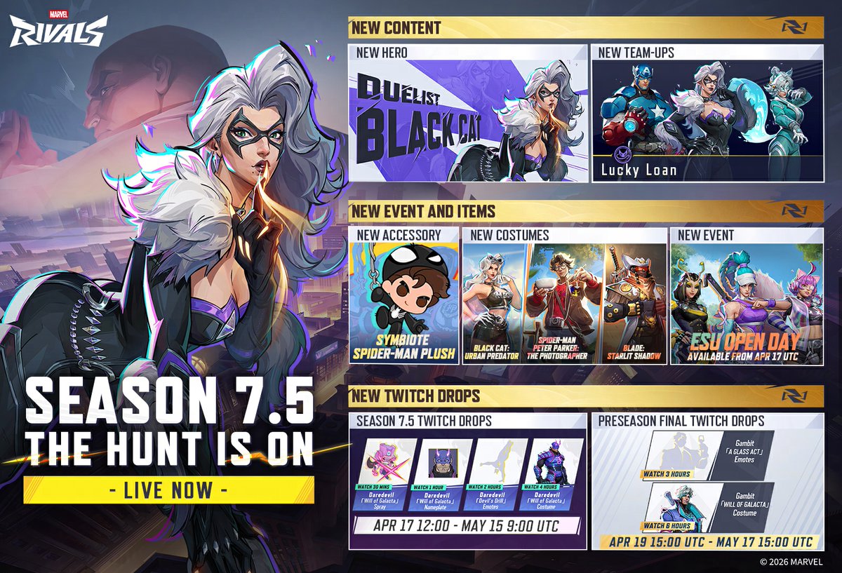 SEASON 7.5 OF MARVEL RIVALS IS LIVE! 🎊

Hop on in, explore all the latest content, and sharpen your claws with the feisty Black Cat!