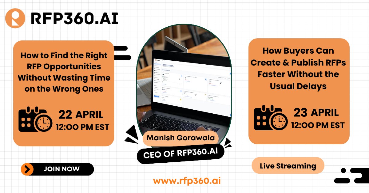 RFP360_AI's tweet image. 🚀 Two Powerful Webinars for Smarter RFP Success! 

Join us on 22 &amp;amp; 23 April to transform your RFP process. 
👉 Register for the 22nd: meet.zoho.com/fxqp-uht-hmv 
👉 Register for the 23rd: meet.zoho.com/waai-kdt-agi 

#RFP360AI #Procurement #webinar