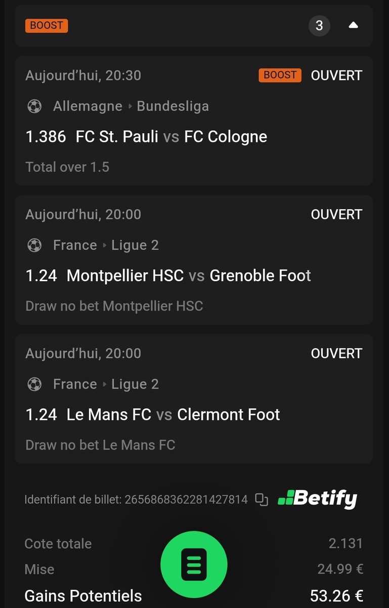 BetClem_'s tweet image. BETS #FOOTBALL ⚽ 17/04 🗓️ 

COMBINÉ DU JOUR ☘️ 
@1.64
37.50€ ➡️ 61.85€
Meilleures cotes ici 👇 
bit.ly/BETCLEM_BETIFY
Code promo : BETCLEM
🎁 50% de ton 1er dépôt en freebet jusqu'à 200€

COMBINÉ FUN 🔥 
@2.13
25€ ➡️ 53.26€

MULTICHANCE BUTEUR 💥
@3.01
30€ ➡️ 60.42€